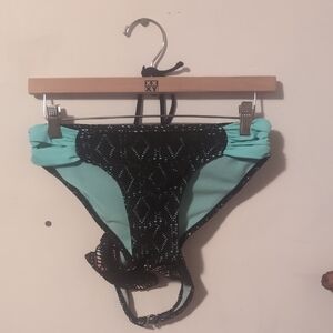 Black Crochet Overlay Bikini Bottom with Mint Lining